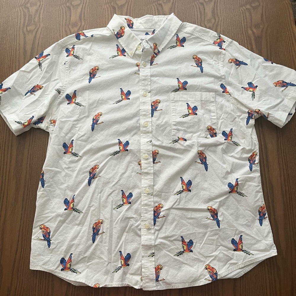 Goodfellow & Co White Shirt with Colorful Parrot Print